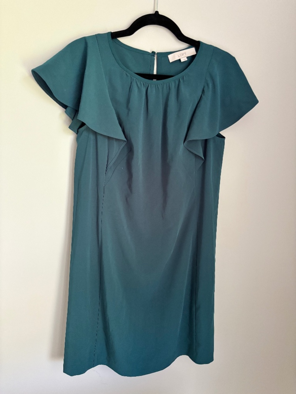 LOFT Teal Flutter Sleeve Shift Dress Size 4 Ruffle Sleeve Keyhole Back